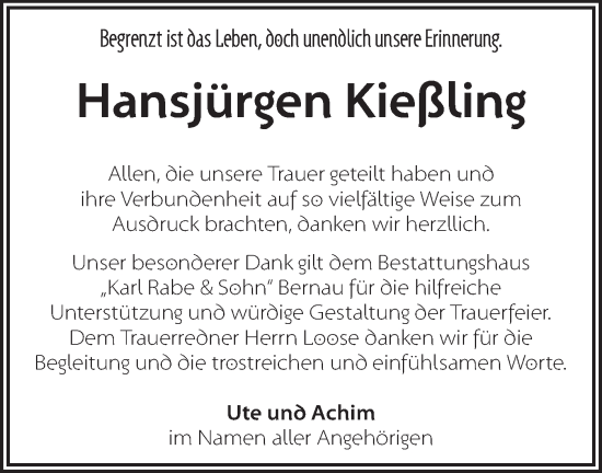 Traueranzeige von Hansjürgen Kießling von Märkische Oderzeitung