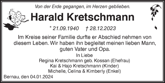 Traueranzeige von Harald Kretschmann von Märkische Oderzeitung