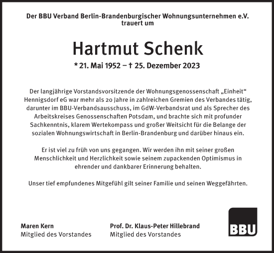 Traueranzeige von Hartmut Schenk von Märkische Oderzeitung