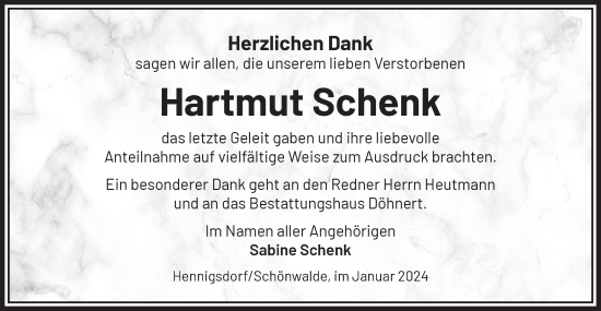 Traueranzeige von Hartmut Schenk von Märkische Oderzeitung