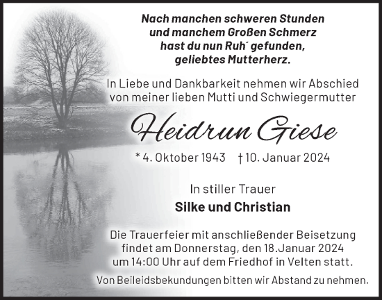 Traueranzeige von Heidrun Giese von Märkische Oderzeitung