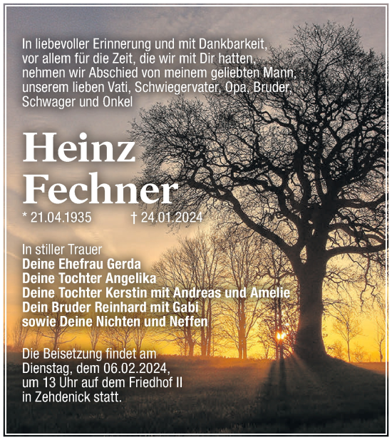 Traueranzeige von Heinz Fechner von Märkische Oderzeitung