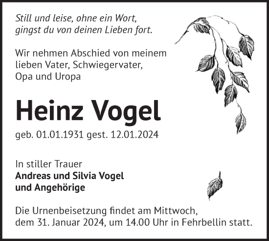 Traueranzeige von Heinz Vogel von Märkische Oderzeitung