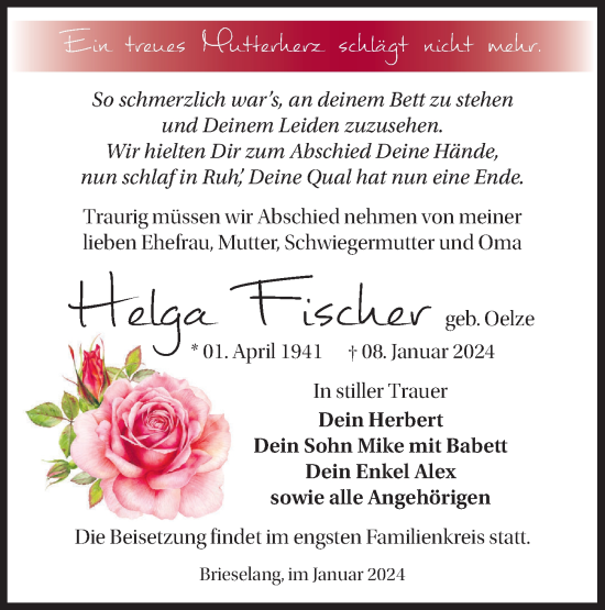 Traueranzeige von Helga Fischer von Märkische Oderzeitung