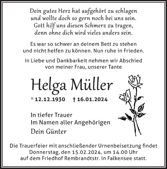 Traueranzeige von Helga Müller von Märkische Oderzeitung