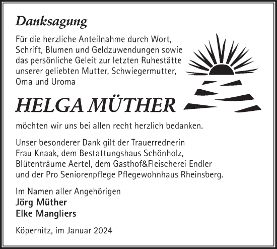 Traueranzeige von Helga Müther von Märkische Oderzeitung