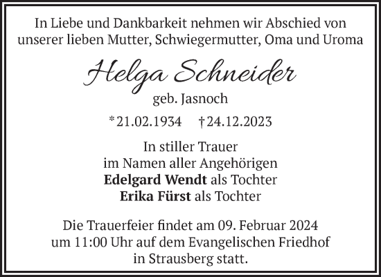 Traueranzeige von Helga Schneider von Märkische Oderzeitung