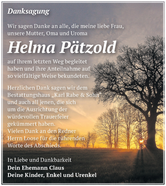 Traueranzeige von Helma Pätzold von Märkische Oderzeitung