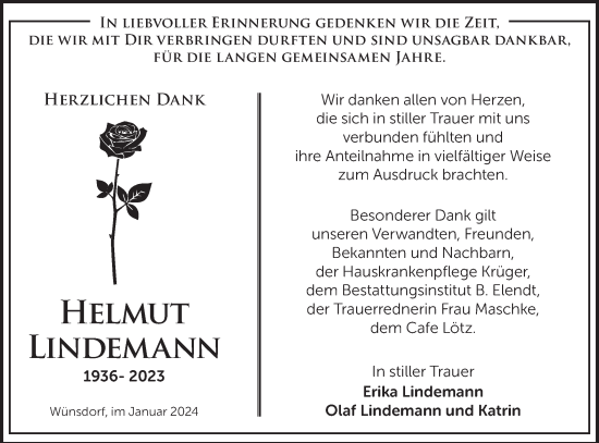 Traueranzeige von Helmut Lindemann von Märkische Oderzeitung