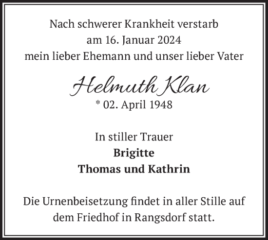 Traueranzeige von Helmuth Klan von Märkische Oderzeitung