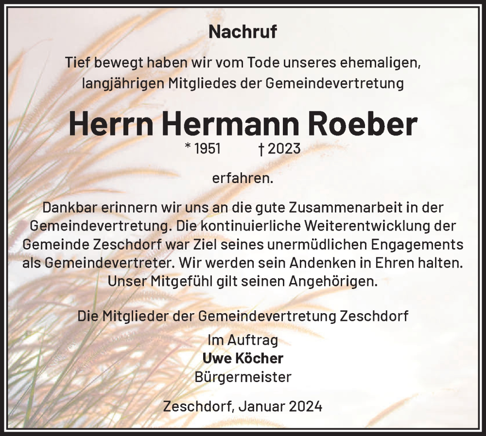  Traueranzeige für Hermann Roeber vom 20.01.2024 aus Märkische Oderzeitung