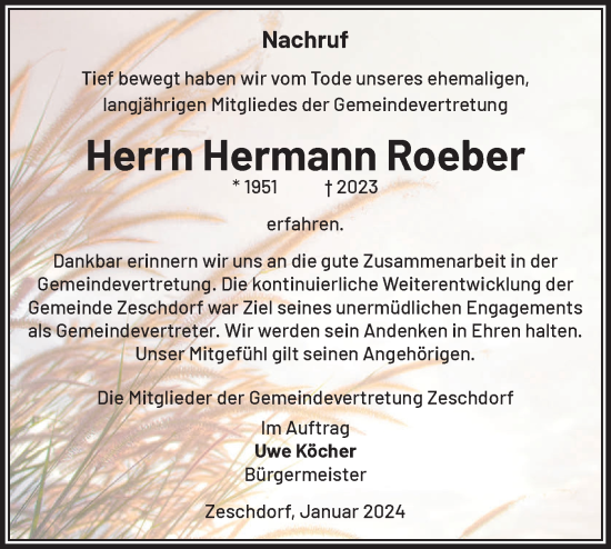 Traueranzeige von Hermann Roeber von Märkische Oderzeitung