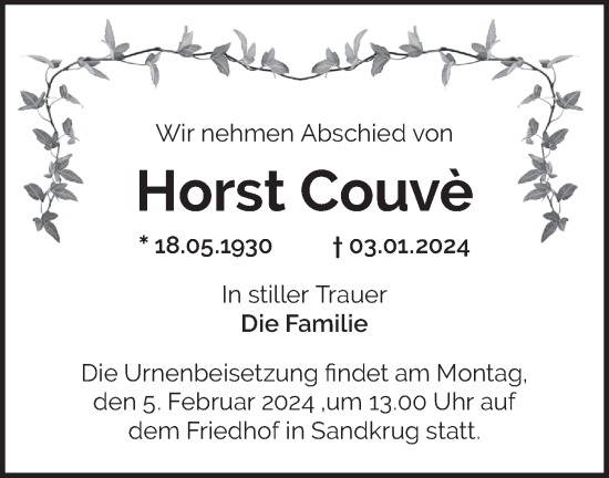 Traueranzeige von Horst Couve von Märkische Oderzeitung