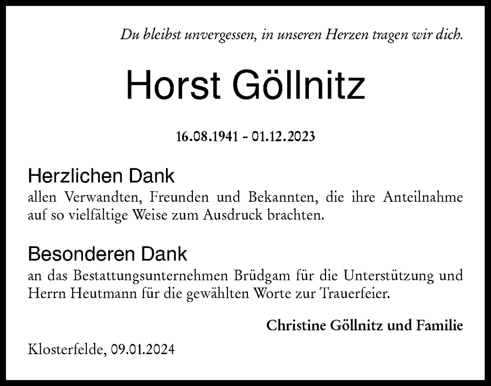  Traueranzeige für Horst Göllnitz vom 15.01.2024 aus Märkische Oderzeitung