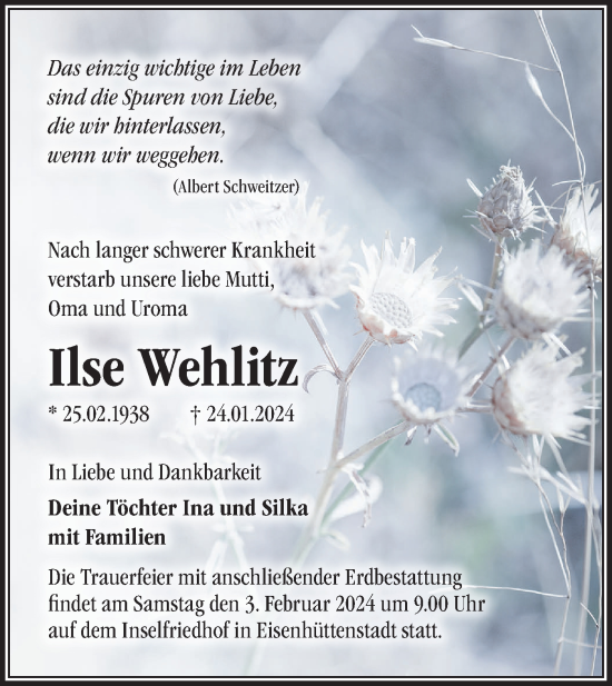 Traueranzeige von Ilse Wehlitz von Märkische Oderzeitung