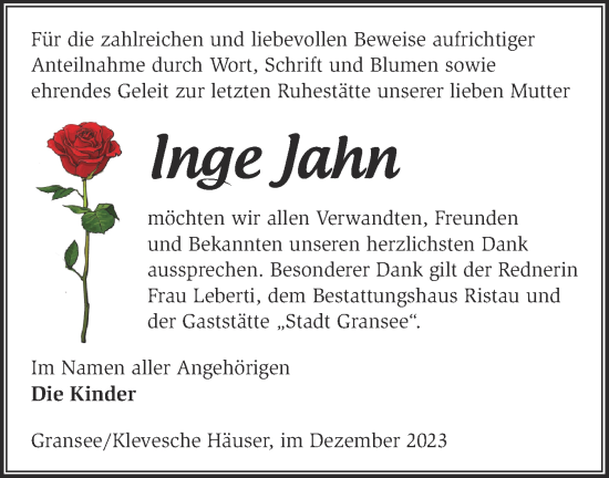 Traueranzeige von Inge Jahn von Märkische Oderzeitung