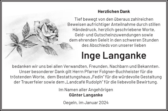 Traueranzeige von Inge Langanke von Märkische Oderzeitung