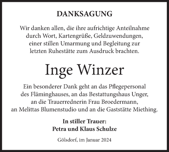 Traueranzeige von Inge Winzer von Märkische Oderzeitung