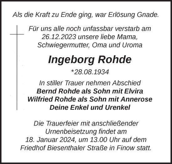 Traueranzeige von Ingeborg Rohde von Märkische Oderzeitung