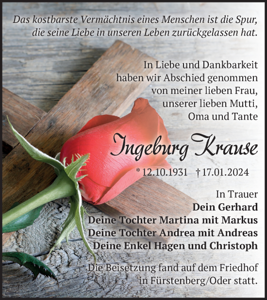 Traueranzeige von Ingeburg Krause von Märkische Oderzeitung