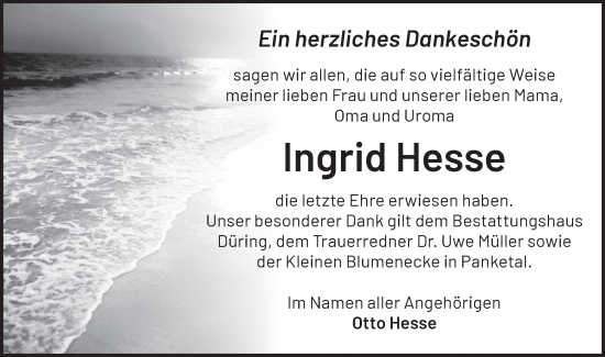 Traueranzeige von Ingrid Hesse von Märkische Oderzeitung