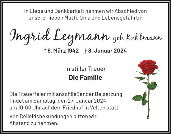 Traueranzeige von Ingrid Leymann von Märkische Oderzeitung