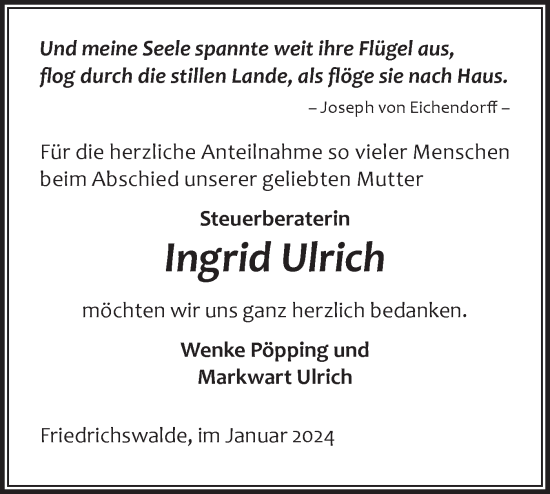 Traueranzeige von Ingrid Ulrich von Märkische Oderzeitung