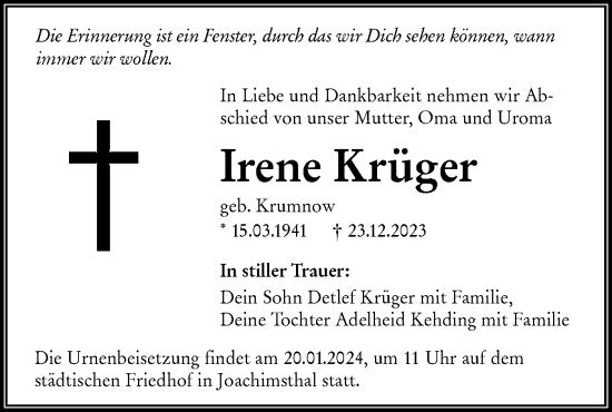 Traueranzeige von Irene Krüger von Märkische Oderzeitung