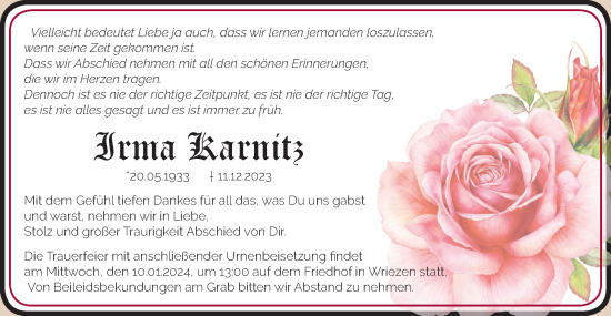 Traueranzeige von Irma Karnitz von Märkische Oderzeitung