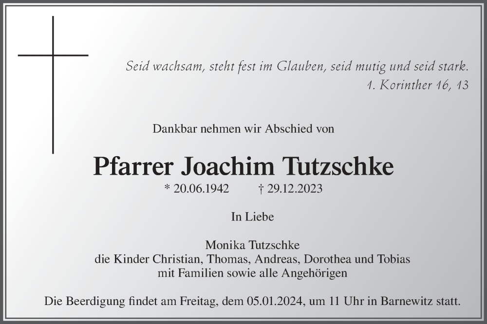  Traueranzeige für Joachim Tutzschke vom 03.01.2024 aus Märkische Oderzeitung