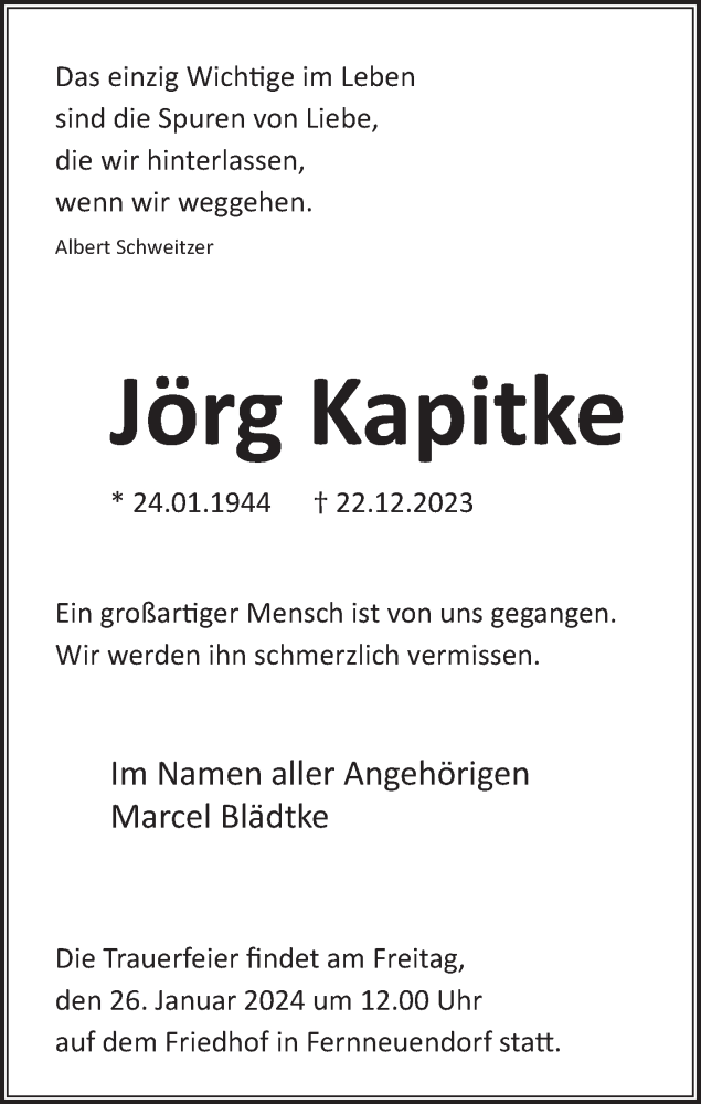  Traueranzeige für Jörg Kapitke vom 13.01.2024 aus Märkische Oderzeitung