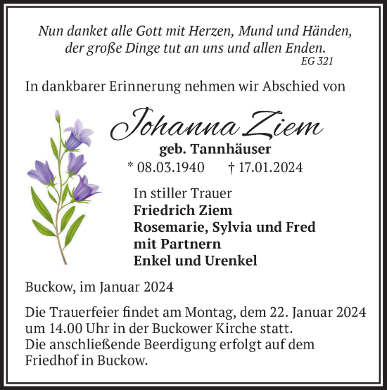 Traueranzeige von Johanna Ziem von Märkische Oderzeitung