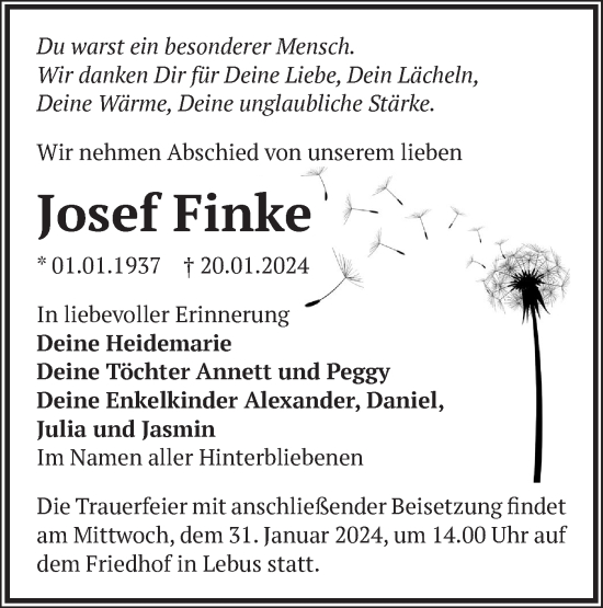 Traueranzeige von Josef Finke von Märkische Oderzeitung