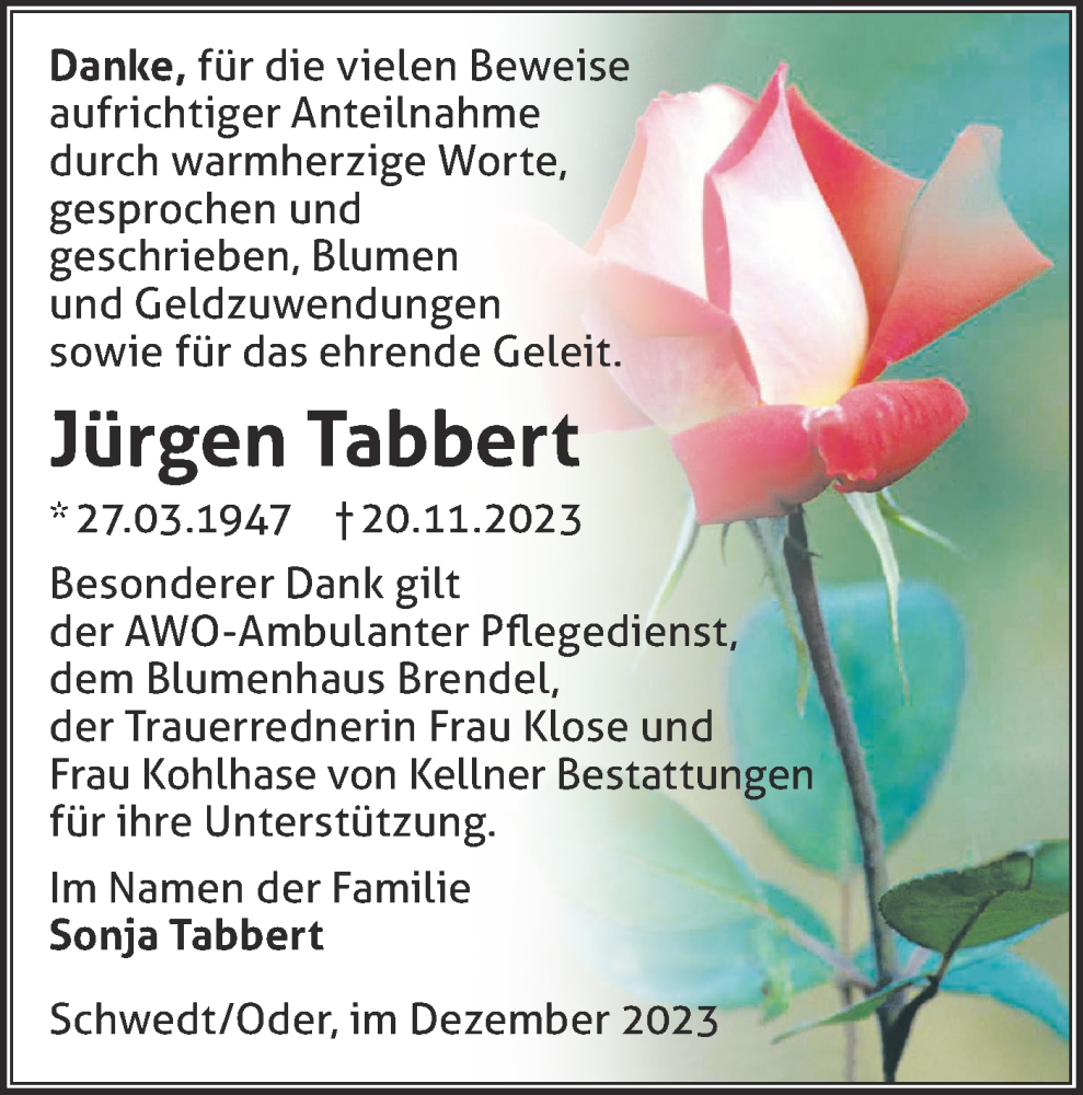  Traueranzeige für Jürgen Tabbert vom 06.01.2024 aus Märkische Oderzeitung
