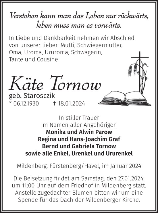 Traueranzeige von Käte Tornow von Märkische Oderzeitung