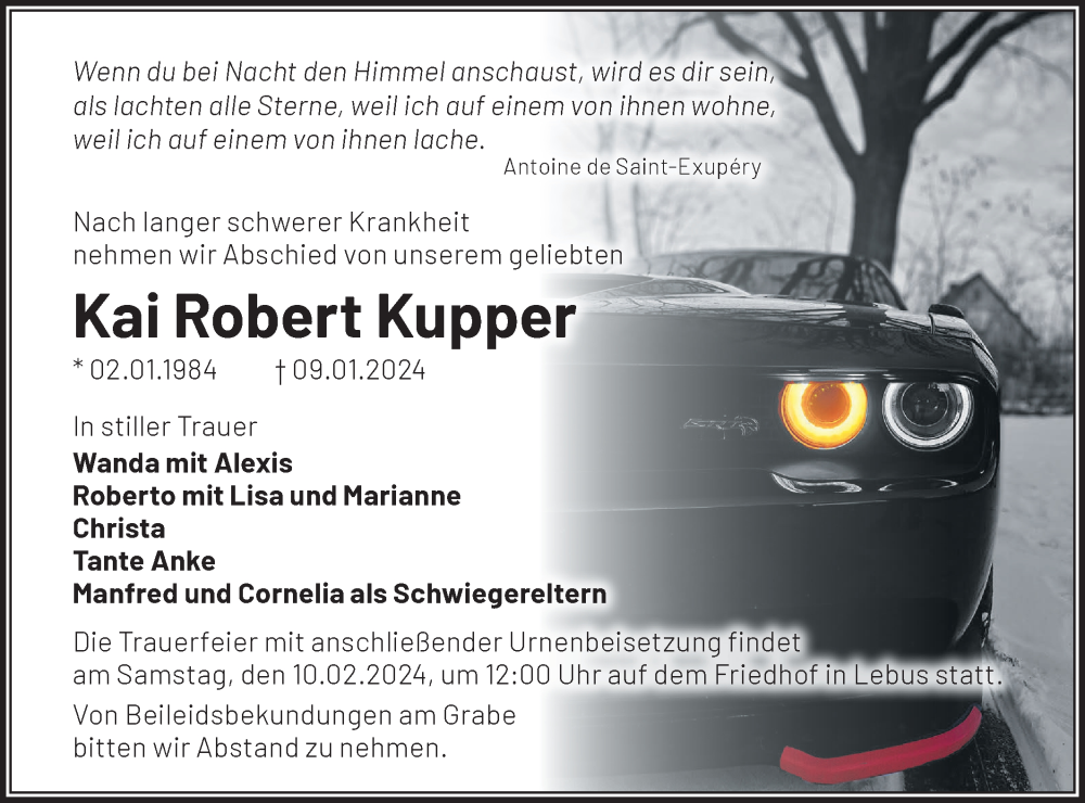  Traueranzeige für Kai Robert Kupper vom 27.01.2024 aus Märkische Oderzeitung