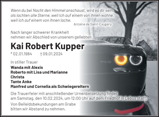 Traueranzeige von Kai Robert Kupper von Märkische Oderzeitung