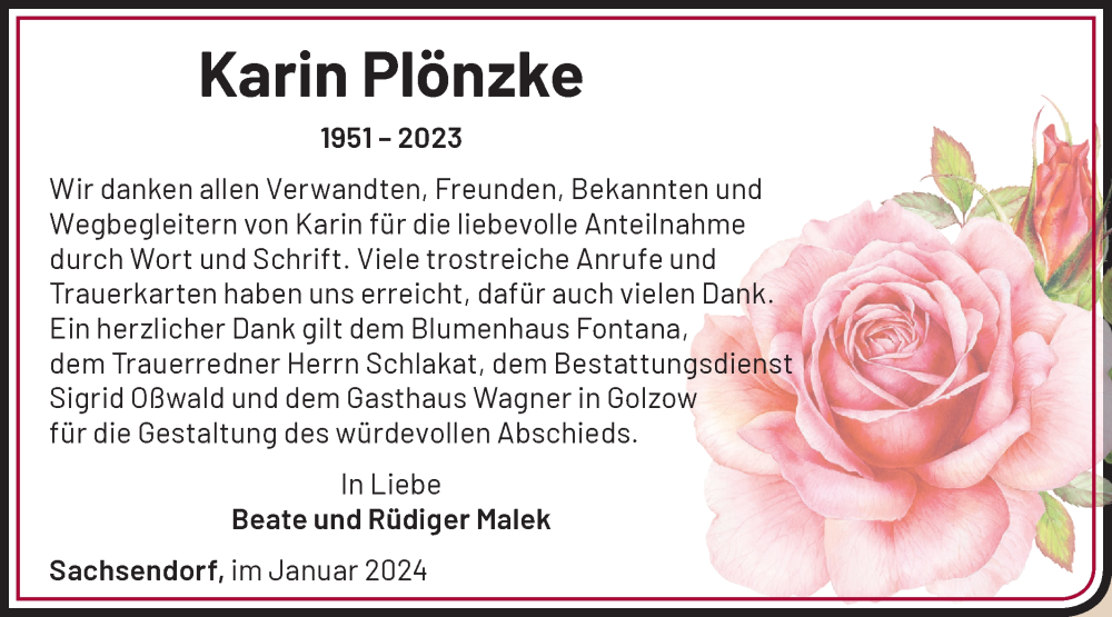  Traueranzeige für Karin Plönzke vom 06.01.2024 aus Märkische Oderzeitung