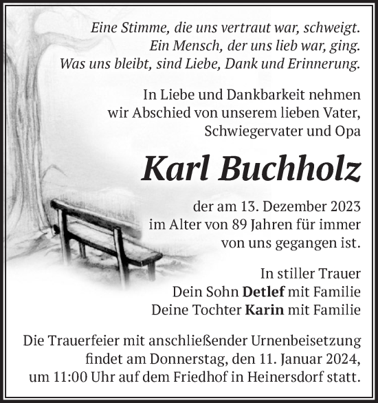 Traueranzeige von Karl Buchholz von Märkische Oderzeitung