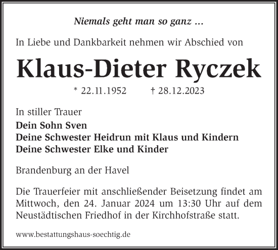 Traueranzeige von Klaus-Dieter Ryczek von Märkische Oderzeitung