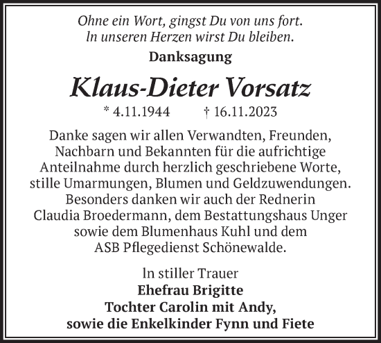 Traueranzeige von Klaus-Dieter Vorsatz von Märkische Oderzeitung