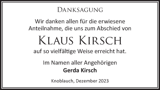 Traueranzeige von Klaus Kirsch von Märkische Oderzeitung