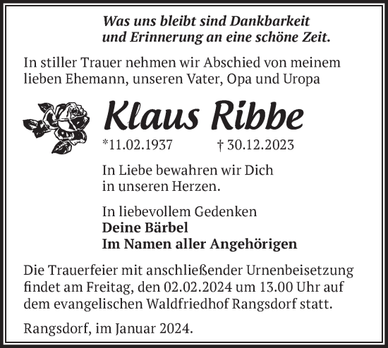 Traueranzeige von Klaus Ribbe von Märkische Oderzeitung