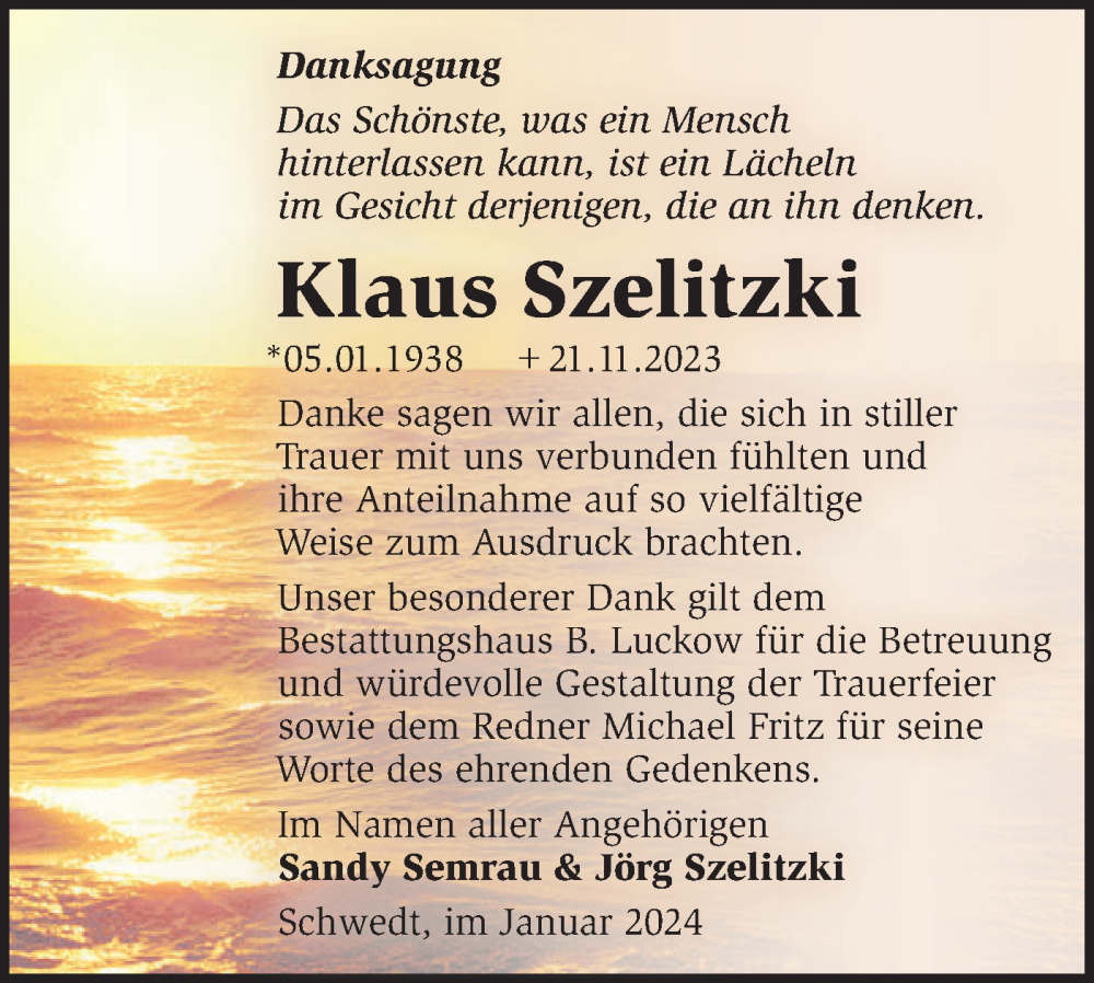  Traueranzeige für Klaus Szelitzki vom 16.01.2024 aus Märkische Oderzeitung