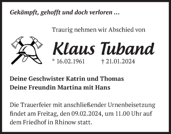 Traueranzeige von Klaus Tuband von Märkische Oderzeitung