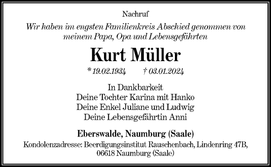 Traueranzeige von Kurt Müller von Märkische Oderzeitung