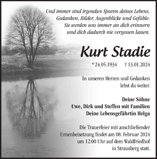 Traueranzeige von Kurt Stadie von Märkische Oderzeitung