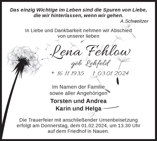 Traueranzeige von Lena Fehlow von Märkische Oderzeitung