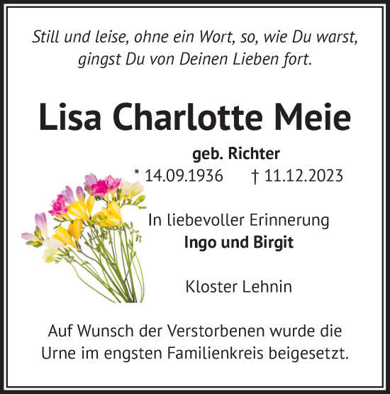 Traueranzeige von Lisa Charlotte Meie von Märkische Oderzeitung