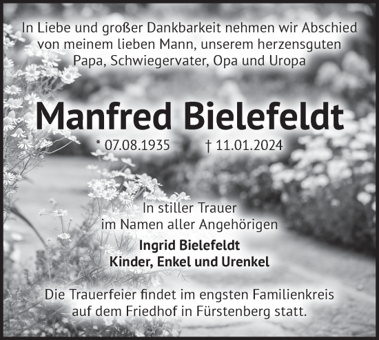 Traueranzeige von Manfred Bielefeldt von Märkische Oderzeitung